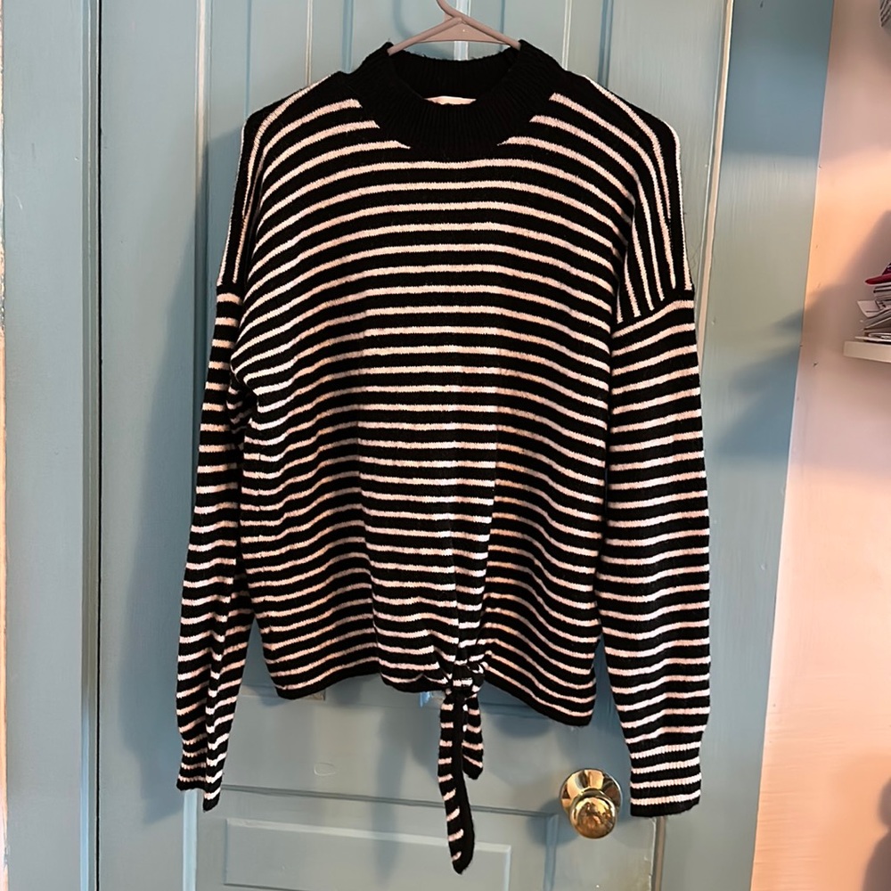 Black and White Striped Mock-neck Loft Sweater